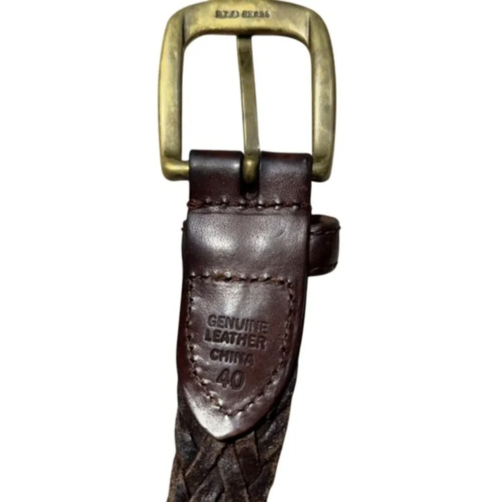 Woven Braided Brown Leather Belt - Genuine Leather - Antique Brass Buckle -‎ 40